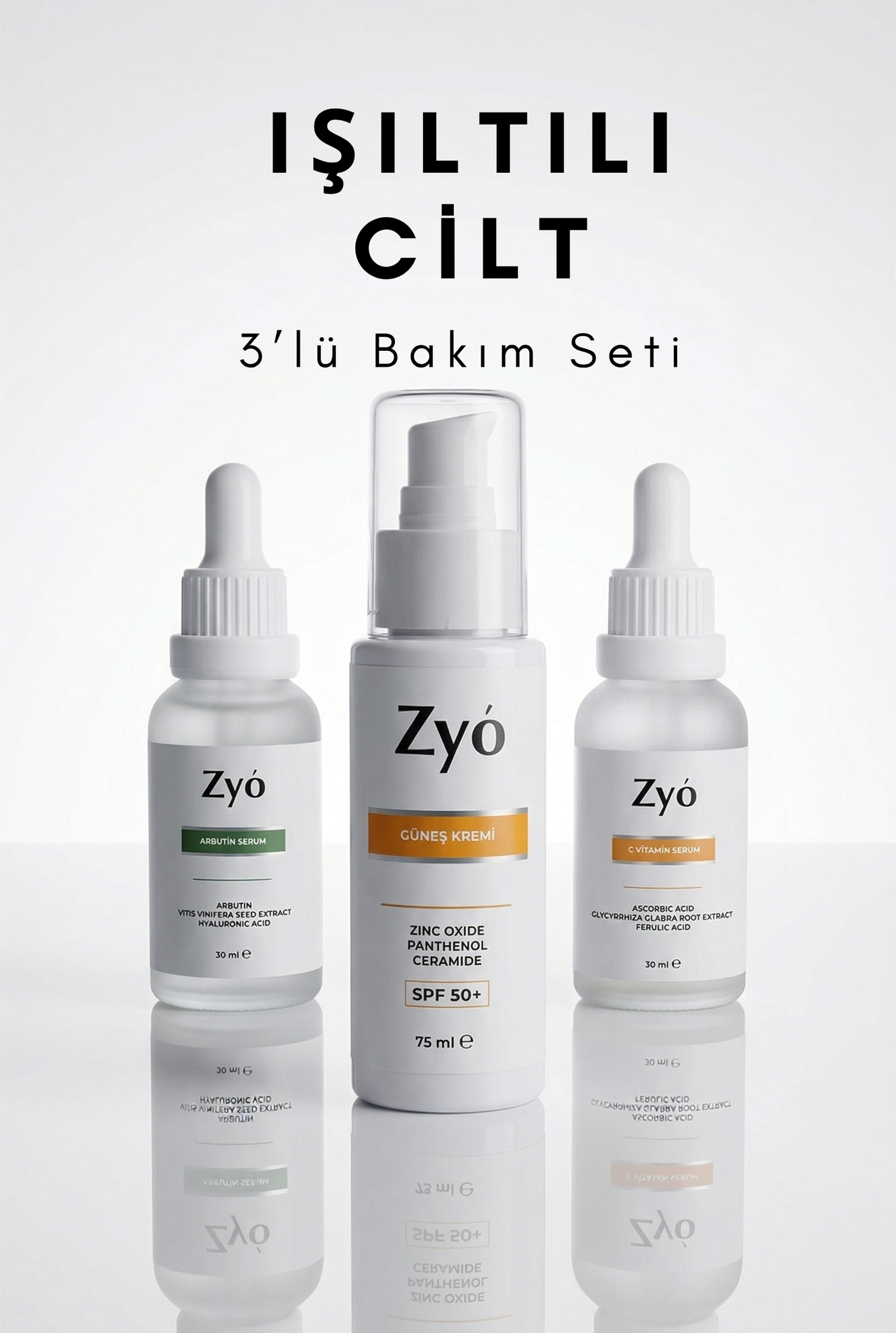 IŞILTILI CİLT BAKIM SETİ - C VİTAMİNİ - GÜNEŞ KREMİ - ARBUTİN