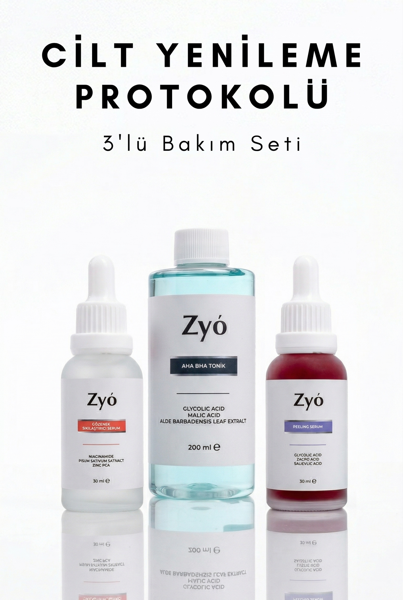 Pürüzsüz Cilt Yenileyici Gözenek Temizleyici Sıkılaştırıcı 3’lü Bakım Seti Peeling , Tonik ve Serum